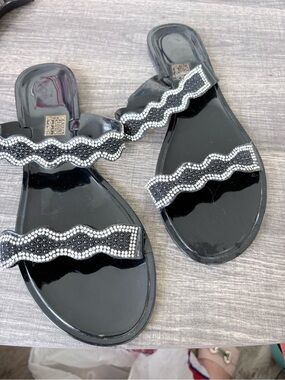 Embellished Black Beaded Slide Sandals - Women beach sandals